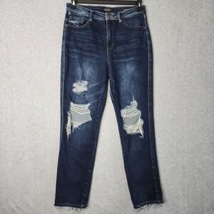 Judy Blue Straight‎ Fit Jeans 9/29 Dark Wash Distressed Ripped Raw Hem JB88819DK